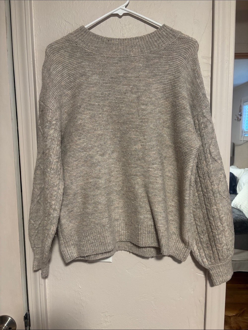 Vigoss Light Gray Crewneck Sweater with Cable Sleeves
